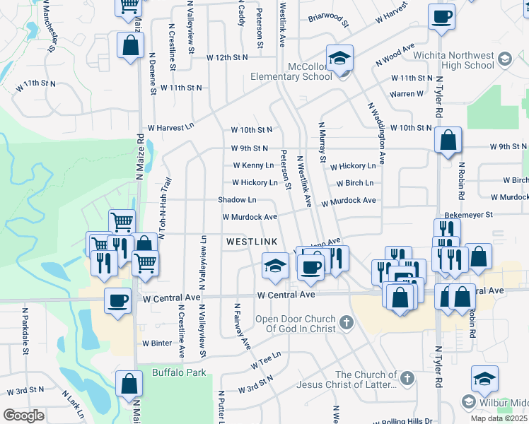 map of restaurants, bars, coffee shops, grocery stores, and more near 9710 West Murdock Street in Wichita