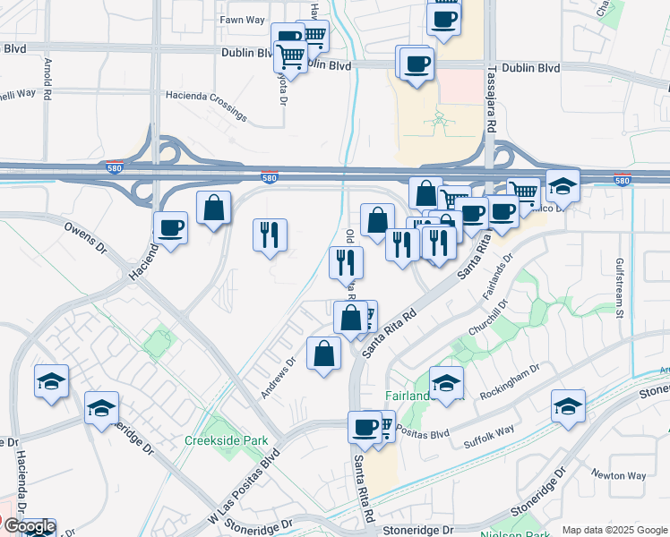 map of restaurants, bars, coffee shops, grocery stores, and more near 3687 Old Santa Rita Road in Pleasanton
