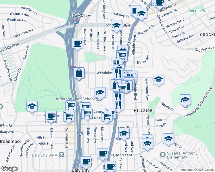 map of restaurants, bars, coffee shops, grocery stores, and more near 686 San Diego Avenue in Daly City