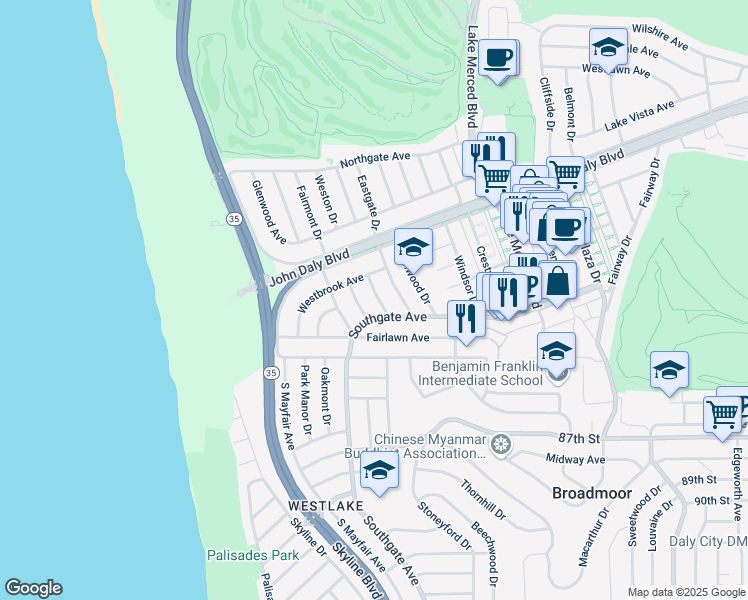 map of restaurants, bars, coffee shops, grocery stores, and more near 66 Clifton Drive in Daly City