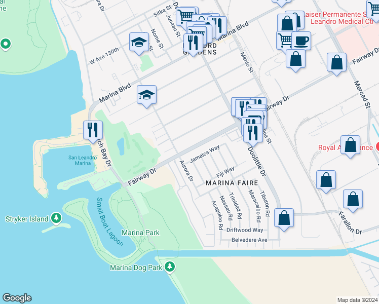 map of restaurants, bars, coffee shops, grocery stores, and more near 2466 Fairway Drive in San Leandro