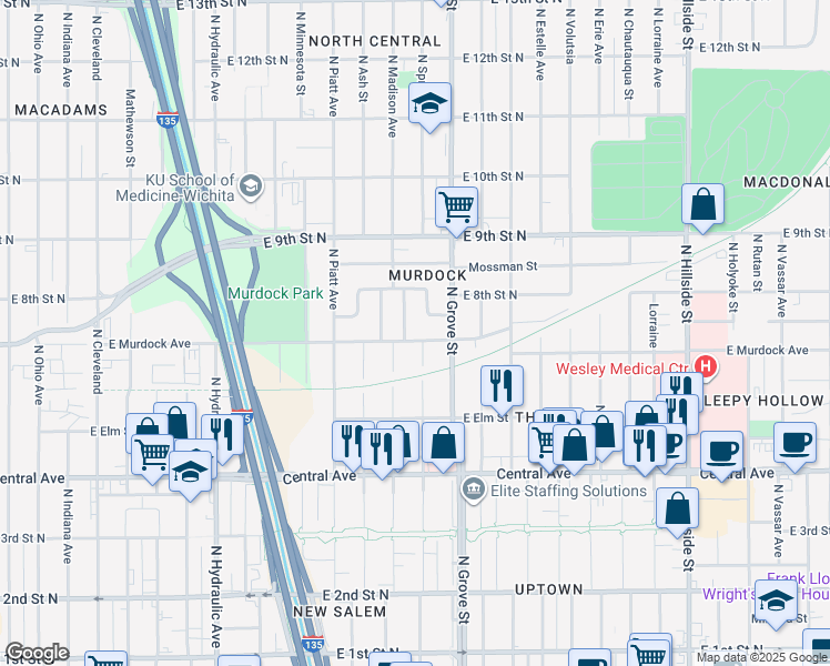 map of restaurants, bars, coffee shops, grocery stores, and more near 2308 E Murdock St in Wichita
