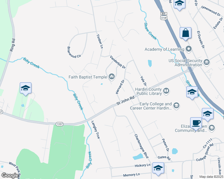 map of restaurants, bars, coffee shops, grocery stores, and more near 629B Princeton Drive in Elizabethtown