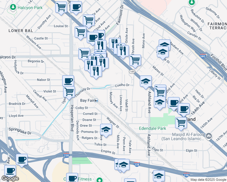 map of restaurants, bars, coffee shops, grocery stores, and more near 15757 Connolly Avenue in San Lorenzo