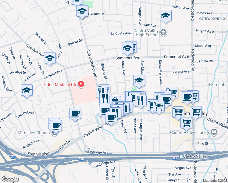 map of restaurants, bars, coffee shops, grocery stores, and more near 2790 Ganic Street in Castro Valley