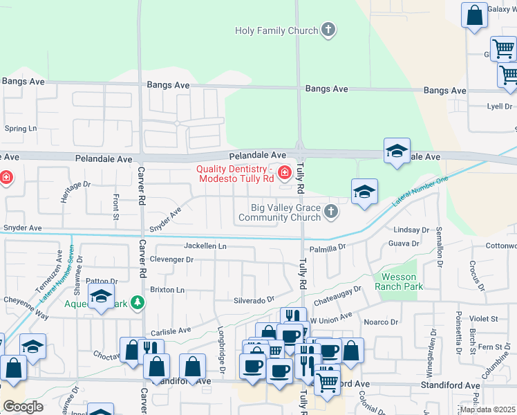 map of restaurants, bars, coffee shops, grocery stores, and more near 4013 Rancho Mesa Court in Modesto
