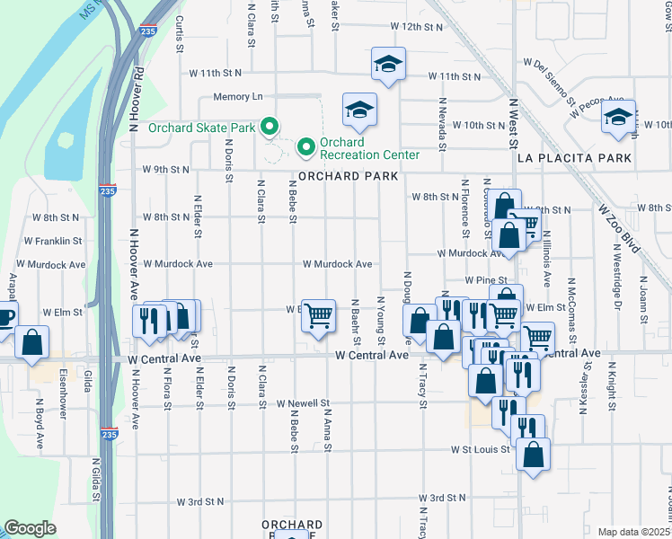 map of restaurants, bars, coffee shops, grocery stores, and more near 748 North Anna Street in Wichita