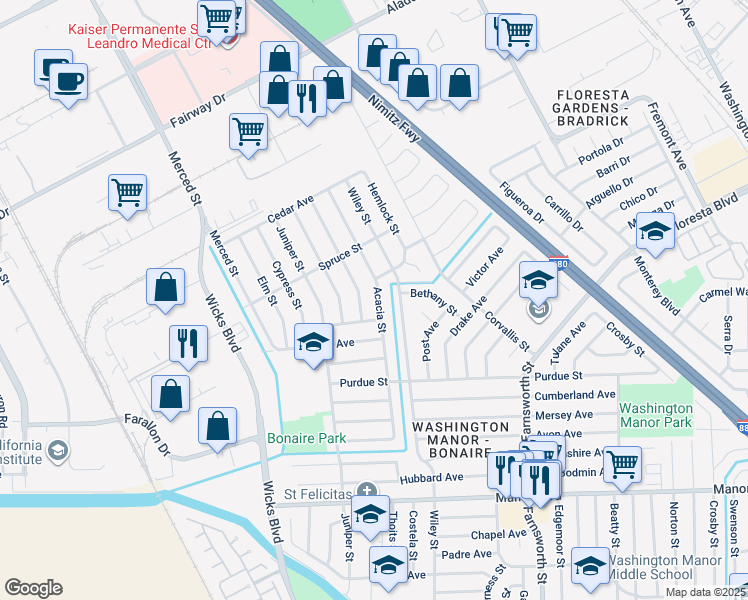 map of restaurants, bars, coffee shops, grocery stores, and more near 14629 Acacia Street in San Leandro