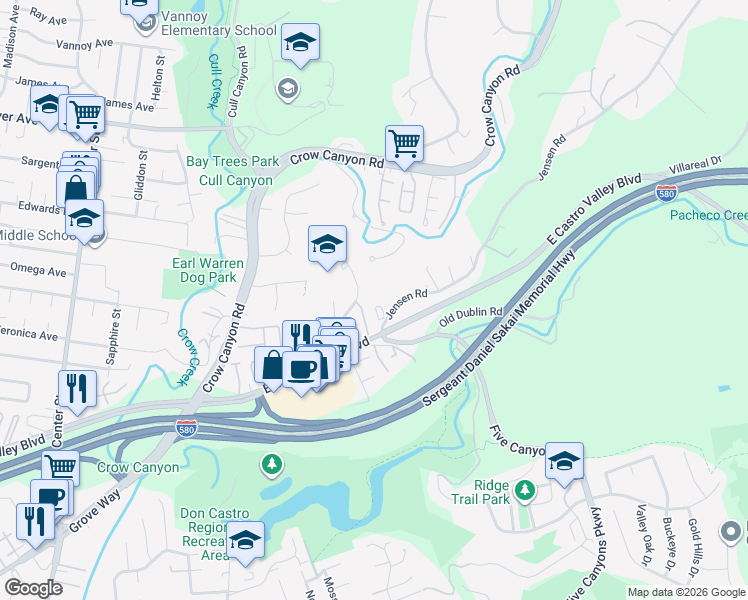 map of restaurants, bars, coffee shops, grocery stores, and more near 21600 Pheasant Woods Drive in Castro Valley