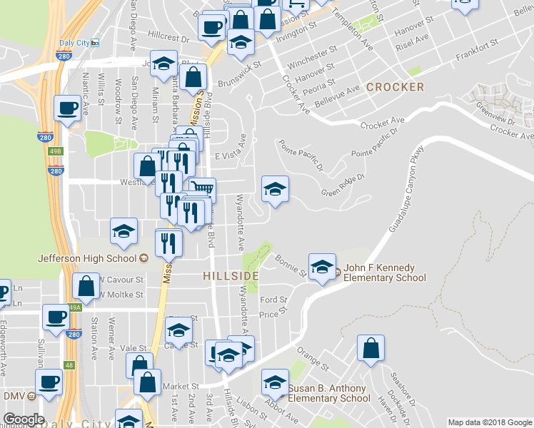map of restaurants, bars, coffee shops, grocery stores, and more near 182 Melissa Circle in Daly City