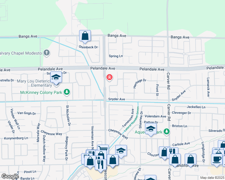 map of restaurants, bars, coffee shops, grocery stores, and more near 2017 Dayton Avenue in Modesto
