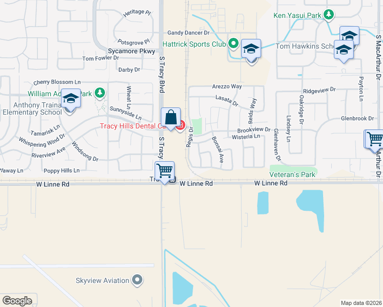 map of restaurants, bars, coffee shops, grocery stores, and more near 4612 Regis Drive in Tracy