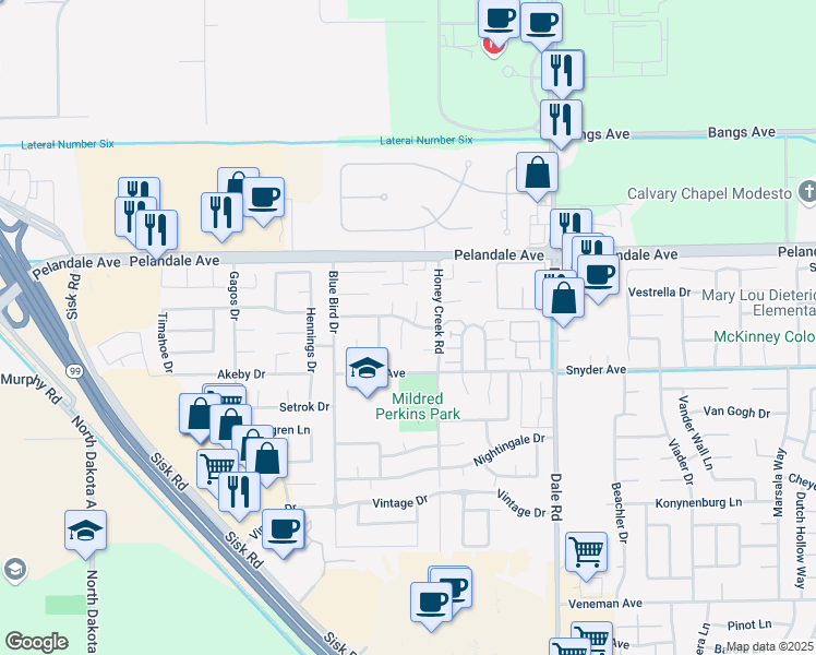 map of restaurants, bars, coffee shops, grocery stores, and more near 4020 Bridal Veil Court in Modesto