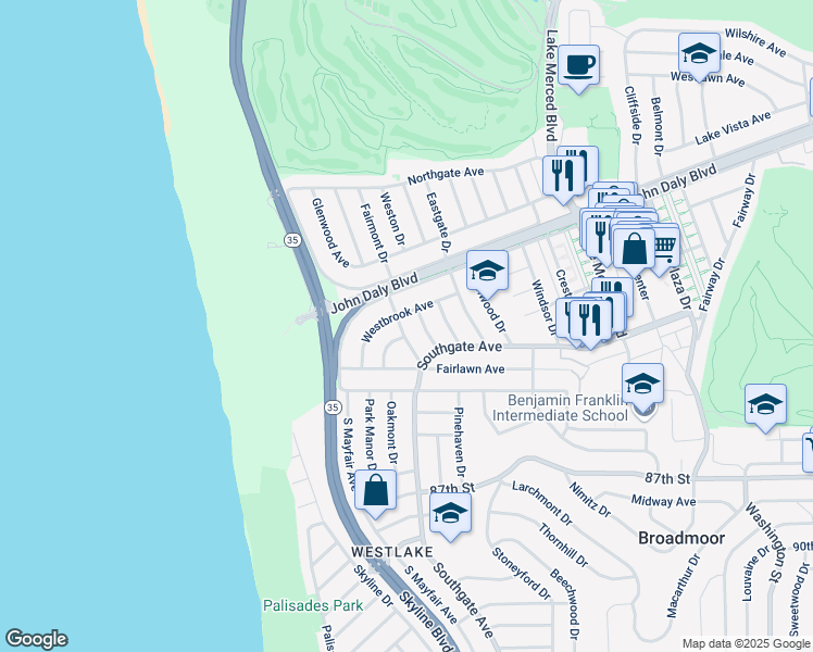 map of restaurants, bars, coffee shops, grocery stores, and more near 125 Ashland Drive in Daly City