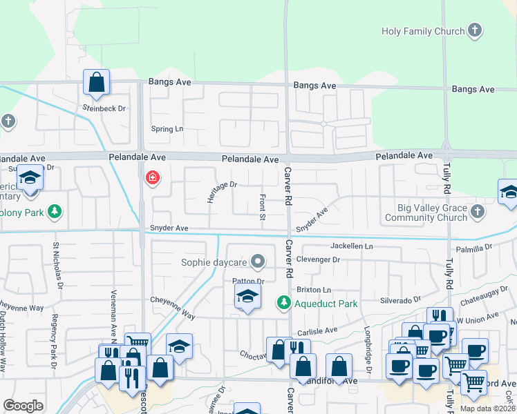 map of restaurants, bars, coffee shops, grocery stores, and more near 4021 Front Street in Modesto