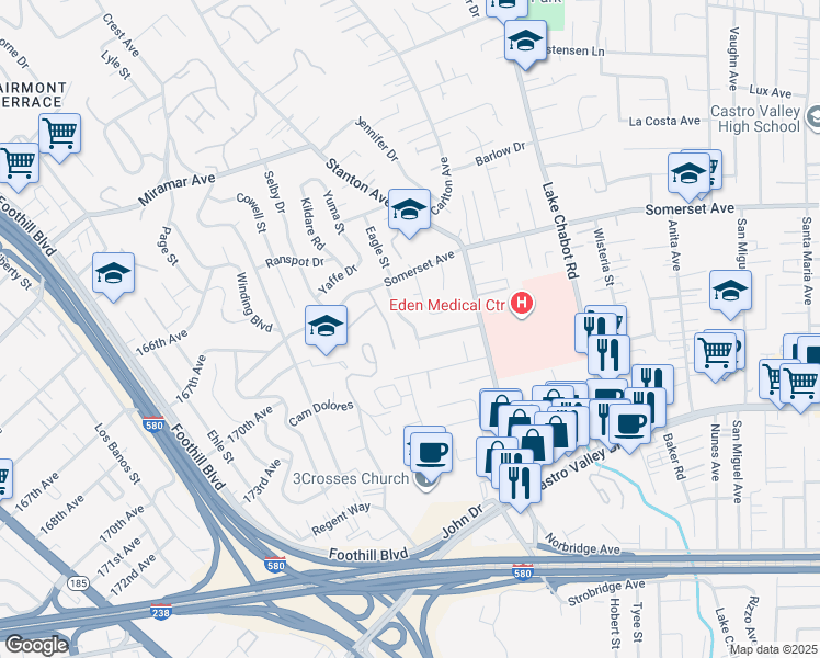 map of restaurants, bars, coffee shops, grocery stores, and more near 19955 Zeno Street in Castro Valley