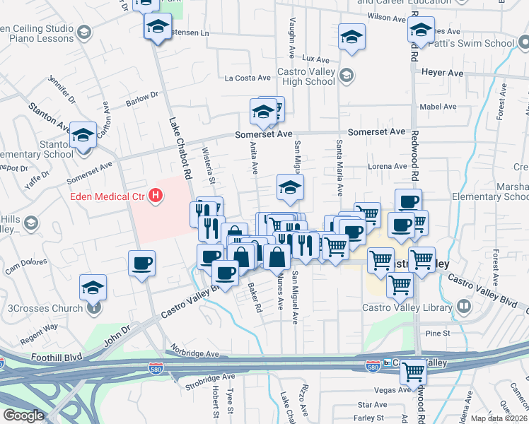 map of restaurants, bars, coffee shops, grocery stores, and more near 20257 Anita Avenue in Castro Valley