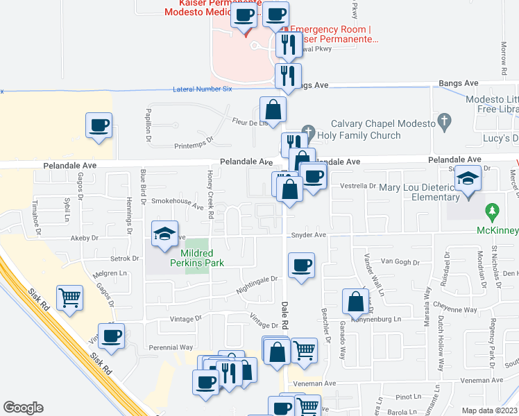map of restaurants, bars, coffee shops, grocery stores, and more near 4053 Dale Road in Modesto