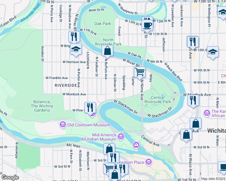 map of restaurants, bars, coffee shops, grocery stores, and more near 819 Gilman in Wichita