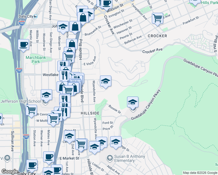 map of restaurants, bars, coffee shops, grocery stores, and more near 182 Melissa Circle in Daly City