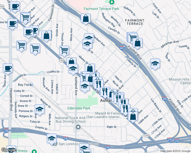 map of restaurants, bars, coffee shops, grocery stores, and more near 1454 162nd Avenue in San Leandro