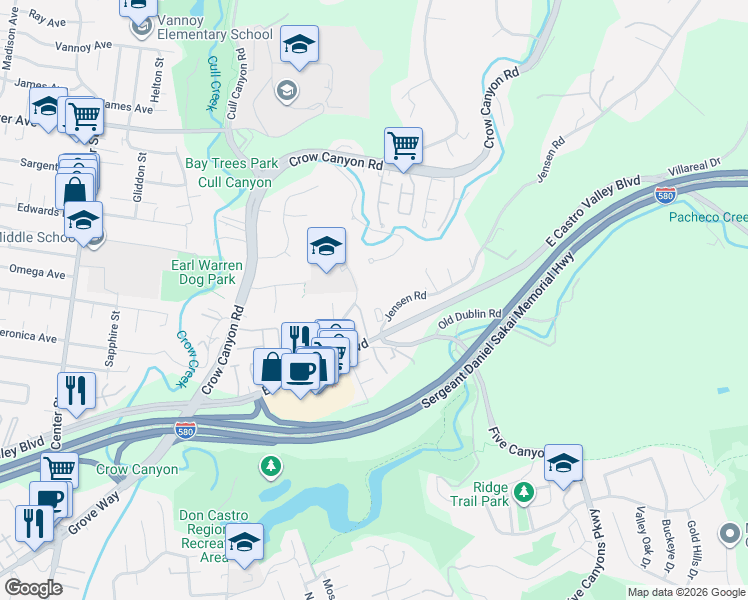 map of restaurants, bars, coffee shops, grocery stores, and more near 21600 Pheasant Woods Drive in Castro Valley