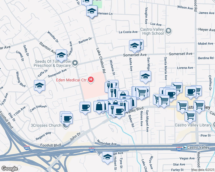 map of restaurants, bars, coffee shops, grocery stores, and more near 20187 Wisteria Street in Castro Valley