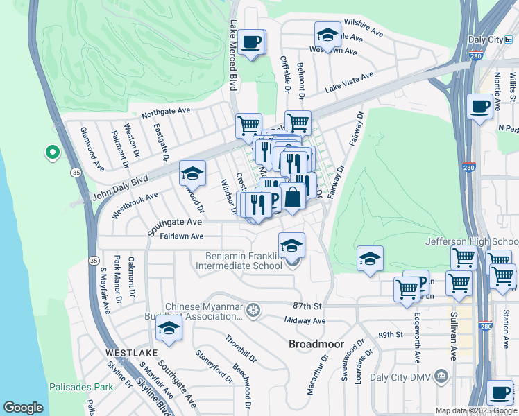 map of restaurants, bars, coffee shops, grocery stores, and more near 360 Lake Merced Boulevard in Daly City