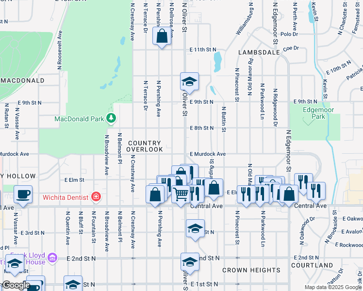 map of restaurants, bars, coffee shops, grocery stores, and more near 819 North Oliver Street in Wichita