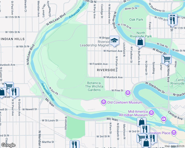 map of restaurants, bars, coffee shops, grocery stores, and more near 811 North Perry Avenue in Wichita