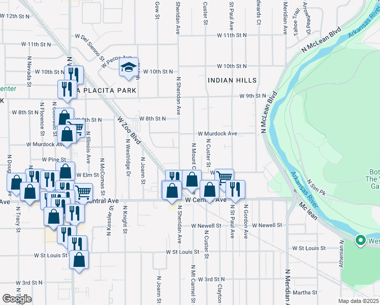 map of restaurants, bars, coffee shops, grocery stores, and more near 760 North Sheridan Street in Wichita
