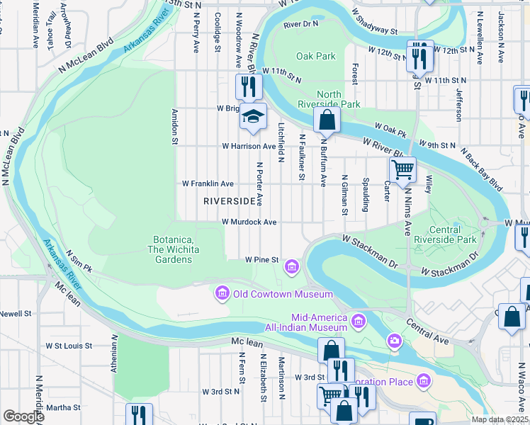 map of restaurants, bars, coffee shops, grocery stores, and more near 810 North Porter Avenue in Wichita