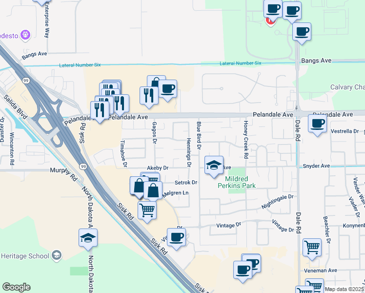 map of restaurants, bars, coffee shops, grocery stores, and more near 3417 Alisa Court in Modesto