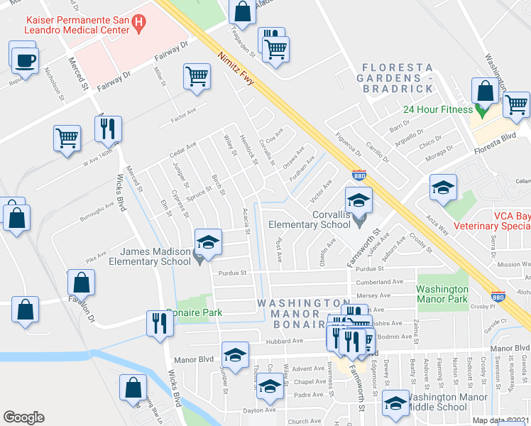 map of restaurants, bars, coffee shops, grocery stores, and more near 14631 Bethany St in San Leandro