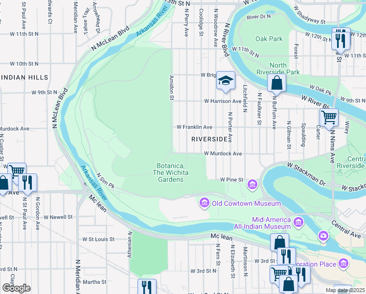 map of restaurants, bars, coffee shops, grocery stores, and more near 811 North Perry Avenue in Wichita