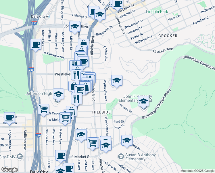 map of restaurants, bars, coffee shops, grocery stores, and more near 161 Wyandotte Avenue in Daly City