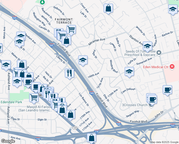 map of restaurants, bars, coffee shops, grocery stores, and more near 16550 Ehle Street in San Leandro