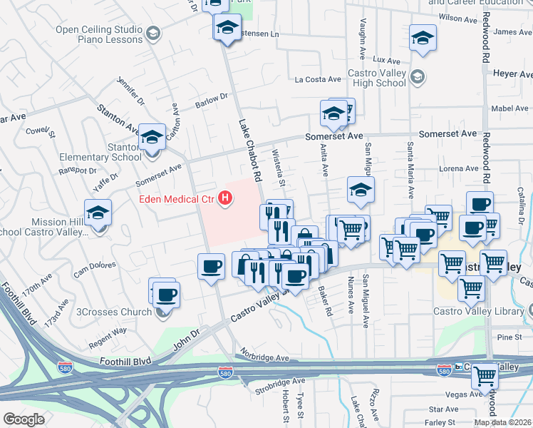 map of restaurants, bars, coffee shops, grocery stores, and more near 20187 Wisteria Street in Castro Valley
