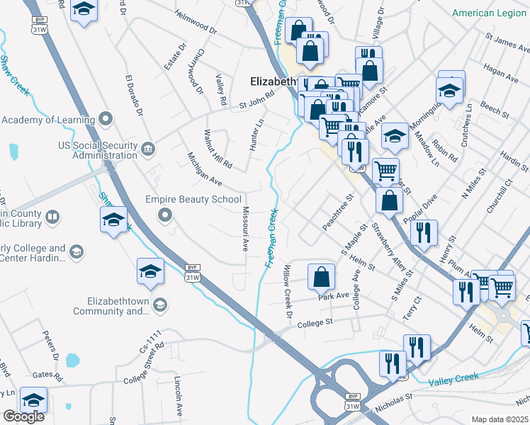 map of restaurants, bars, coffee shops, grocery stores, and more near 199 Utah Ct in Elizabethtown