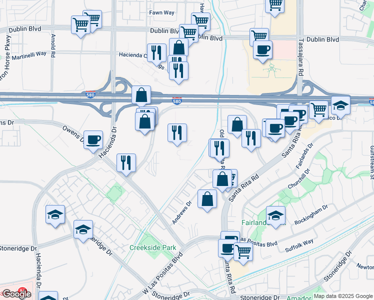 map of restaurants, bars, coffee shops, grocery stores, and more near 4440 Rosewood Drive in Pleasanton