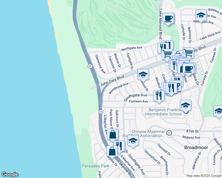 map of restaurants, bars, coffee shops, grocery stores, and more near 236 Westbrook Avenue in Daly City