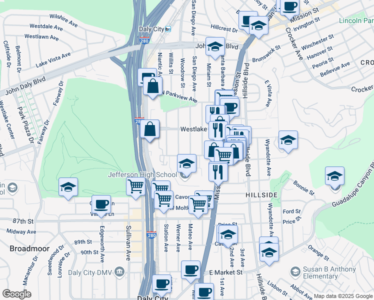 map of restaurants, bars, coffee shops, grocery stores, and more near 332 Citrus Avenue in Daly City