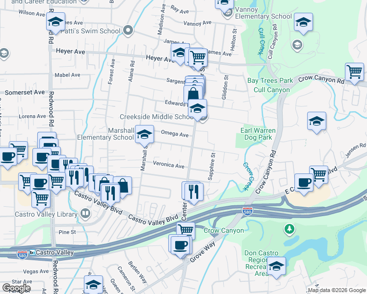 map of restaurants, bars, coffee shops, grocery stores, and more near 20000 Opal Court in Castro Valley