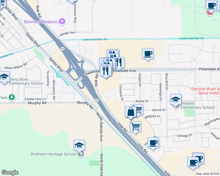 map of restaurants, bars, coffee shops, grocery stores, and more near 3909 Felton Way in Modesto