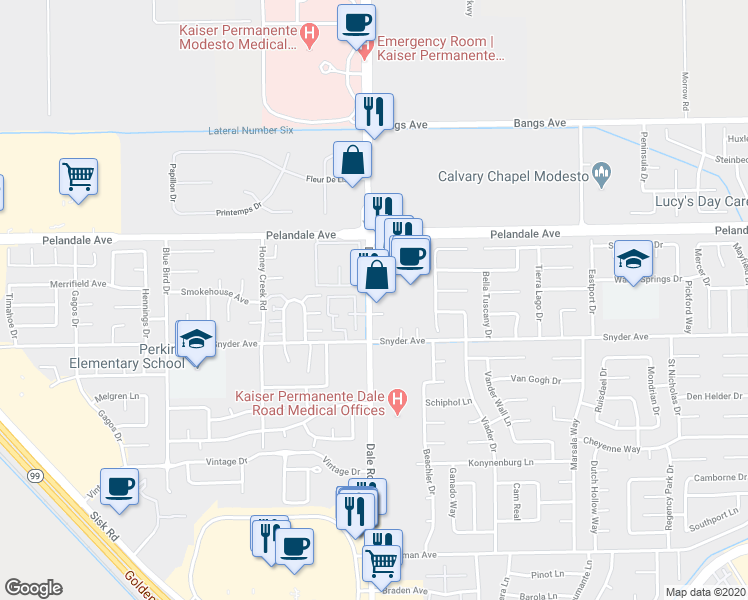 map of restaurants, bars, coffee shops, grocery stores, and more near 4040 Dale Road in Modesto