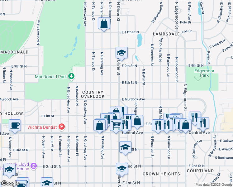 map of restaurants, bars, coffee shops, grocery stores, and more near 819 North Oliver Street in Wichita