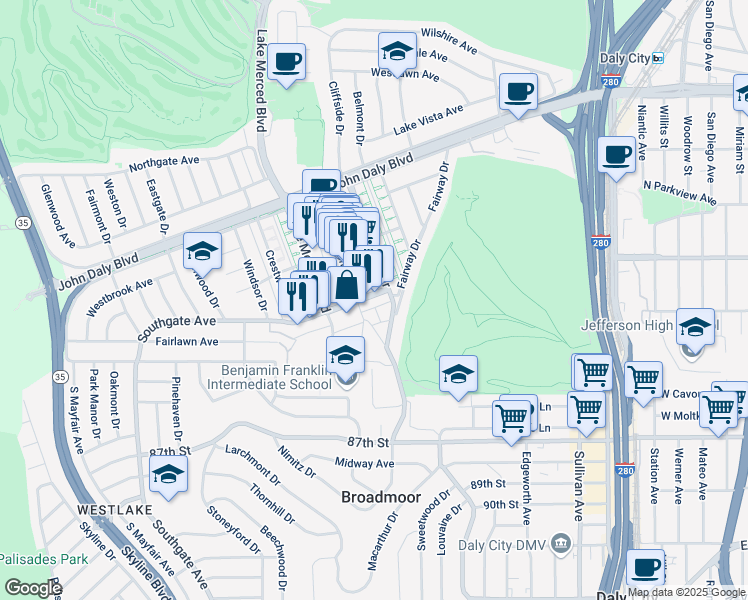 map of restaurants, bars, coffee shops, grocery stores, and more near 33 Southgate Avenue in Daly City