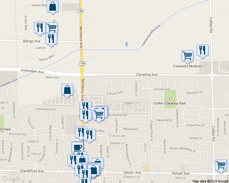 map of restaurants, bars, coffee shops, grocery stores, and more near 317 Grecian Avenue in Modesto