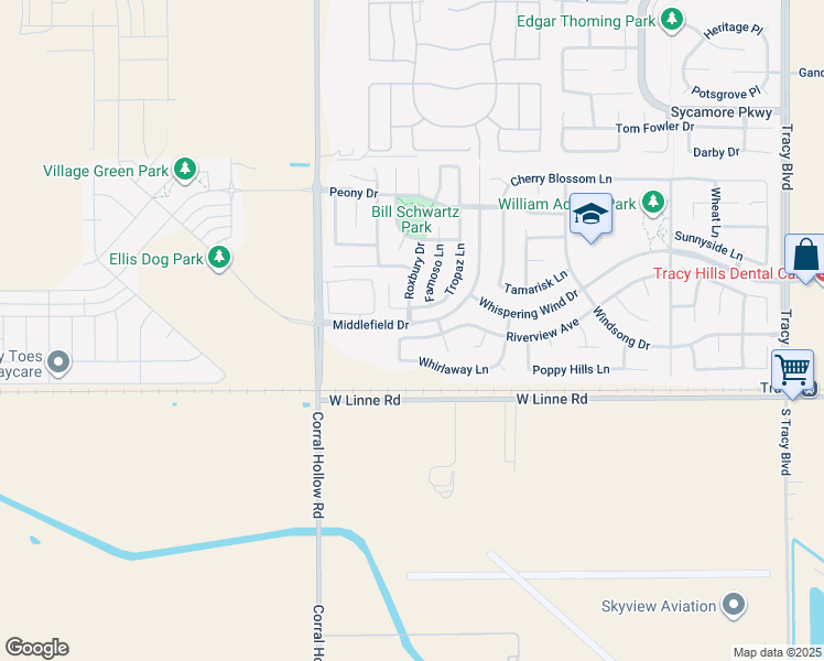 map of restaurants, bars, coffee shops, grocery stores, and more near 1801 Riverview Avenue in Tracy
