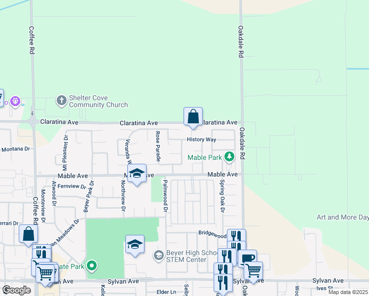 map of restaurants, bars, coffee shops, grocery stores, and more near 4104 Founders Way in Modesto